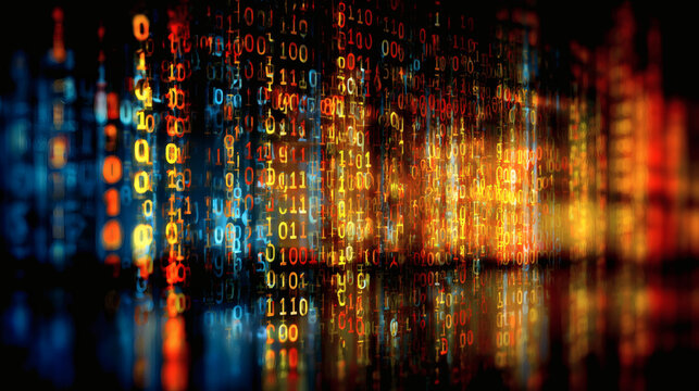 Colorful Digital Code Rain in Blue Yellow and Orange &ndash; Cyberpunk Matrix Style