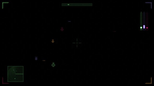 Futuristic digital overlay displays crosshairs, health bars, and tactical elements against a black background.