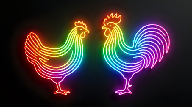 Two roosters composed of rainbow neon glowing lines on dark background with colorful