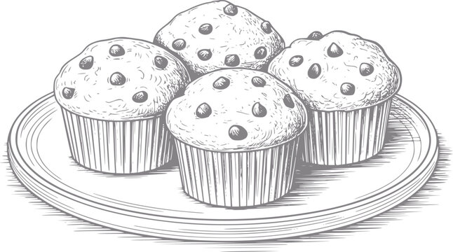 ヴィンテージスタイルで丸い皿に盛られた、4つの美味しそうなチョコレートチップマフィンの手書きイラスト