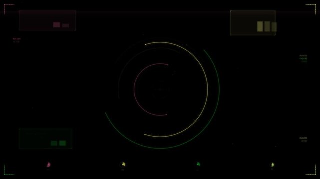 Futuristic circular hud interface design with looping animated elements on a dark background.
