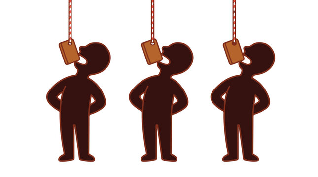 Silhouettes of people lured by hanging bait on strings