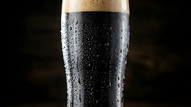 Cold Glass of Dark Stout Beer with Foam and Condensation Drops