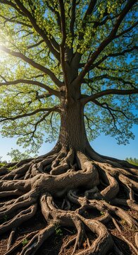 A majestic ancient oak tree stands tall with a massive network of gnarled roots intricately twisting across the earth in dramatic sunlight, foliage, texture, forest