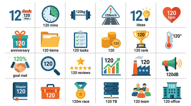 Number 120 Icons Set: Time, Goals, Success, Business, Health, and More
