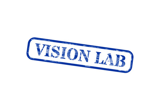A blue rectangular rubber stamp with the text vision lab isolated on a transparent background
