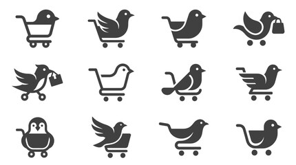 Birds in shopping carts icons. © Buku
