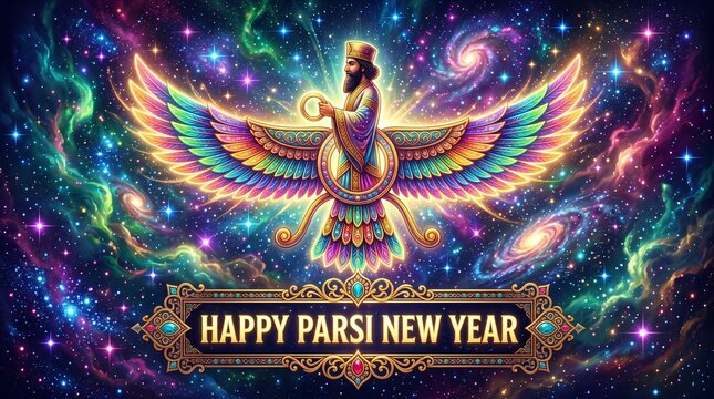 Parsi New Year Greeting Banner with Neon Faravahar Symbol on Vibrant Cosmic Background for Navroz Celebration