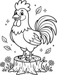 Fototapeta premium A cheerful cartoon rooster standing on a tree stump surrounded by flowers and leaves.