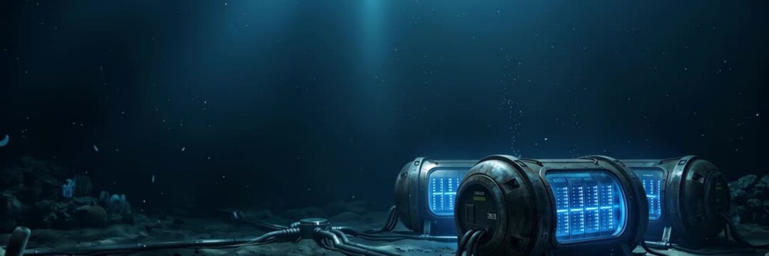 Submerged server modules rest on the deep ocean floor under filtered blue light, animated website banner with a place for text
