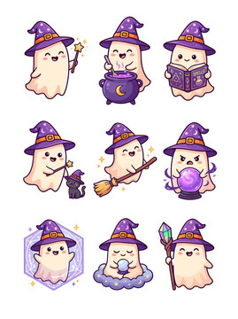 Set of 9 Cute Kawaii Pixel Art Ghosts Wearing Witch Hats for Halloween Decorations and Stickers