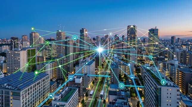 Aerial view of smart city at night with illuminated skyscrapers connected by glowing digital network lines representing IoT, internet of things, 5G communication, and future urb...