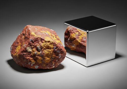 A rough chunk of reddish bauxite ore rests next to a smooth, polished silver aluminum cube, showing the industrial metal transformation, natural, raw, smooth