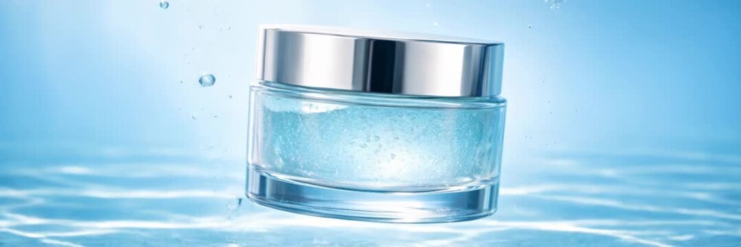 Hydrating blue cosmetic gel jar floats above a fresh water surface with suspended droplets, animated website banner with copy space