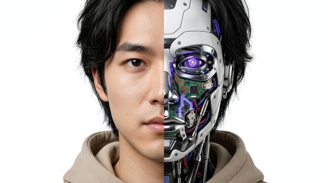 A split image showing half human, half robot face, symbolizing technology melding.