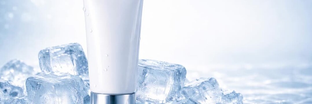 Cooling cosmetic cream tube stands among clear ice cubes in a bright refreshing scene, animated website banner with copy space
