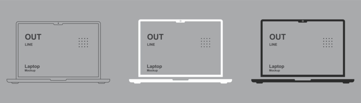 Front view laptop mockup vector illustration including outline flat and solid style wireframe templates for digital product presentations and web UI showcasing