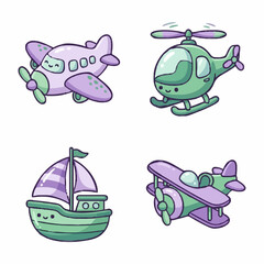 Obraz premium Cute Kawaii Transport Vehicle Set with Airplane Helicopter and Boat Cartoon Illustrations