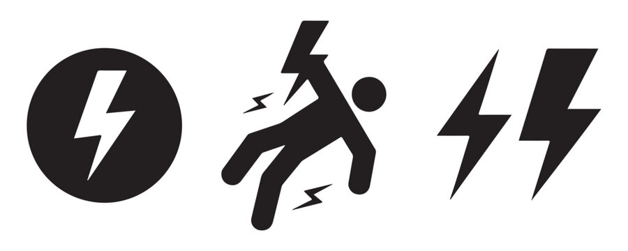 Three simple black danger high voltage electric shock icons, electricity symbol warning signs set.