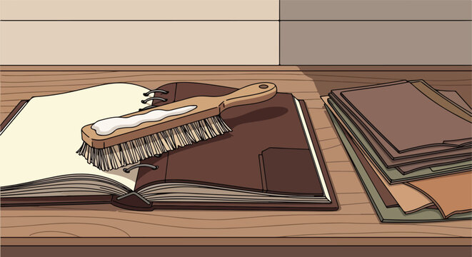 Wooden brush with paste on open notebook, sample swatches on table