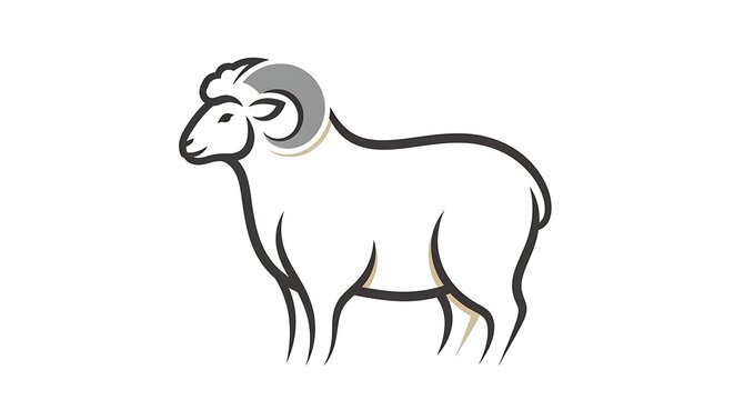 A stylized illustration of a standing ram with curved horns outlined