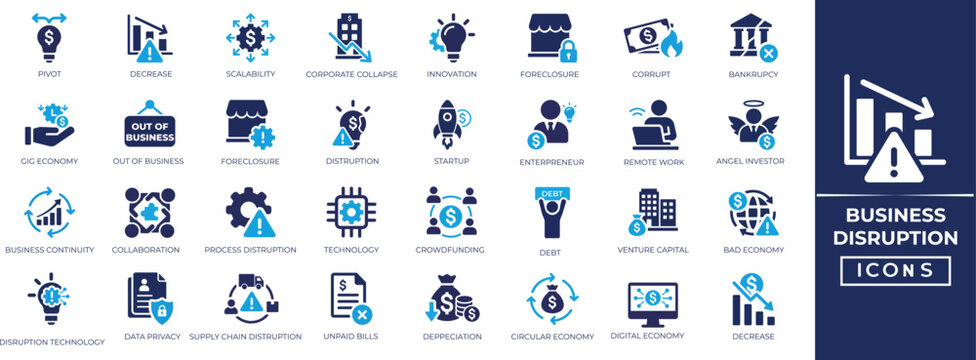 Business disruption solid icon set: bankruptcy, economic pivot,debt, economic, loss, unpaid bills, corporate risk and crowdfunding symbols for design.