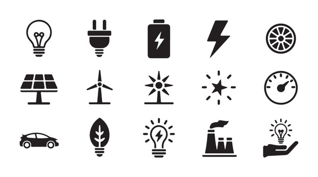 Set of fifteen black simple energy, electricity, and ecology icons with checkered background.