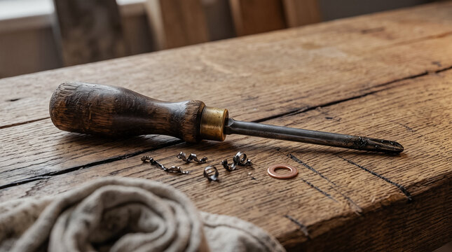 A high-angle horizontal view of a vintage screwdriver with a dark, polished oak handle and brass ferrule on a massive worn oak workbench with scattered metal shavings and a washer.
