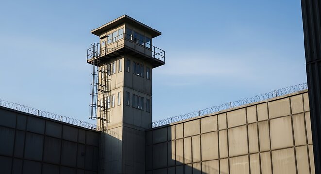 A tall watchtower with metal railings stands against a blue sky, surrounded by a high wall with barbed wire