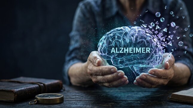 Alzheimer disease concept with dissolving brain hologram held by elderly hands, memory loss, neurodegenerative disorder, medical illustration, aging, cognitive decline, health a...