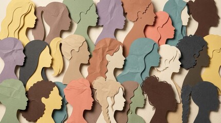 Fototapeta premium Artistic collage of diverse human silhouettes in colorful paper cutouts, showcasing individual beauty and unity.