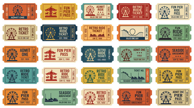 Retro Amusement Park Tickets - Funfair, Carnival, Fairground, Vintage Style