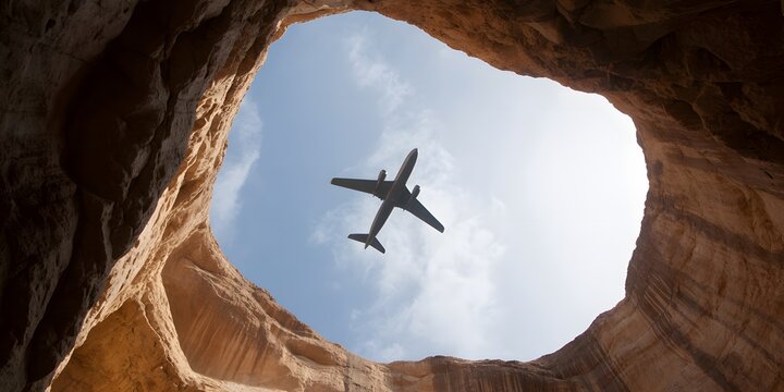 Passenger jet soaring freely through a bright sky as seen from inside a deep natural cave