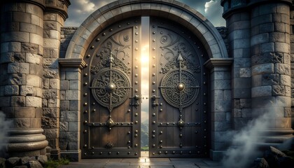 A mythical fortress gate with colossal bronze doors, engraved legendary symbols, stands in a misty atmosphere, emitting a radiant glow. © Ichsan MD