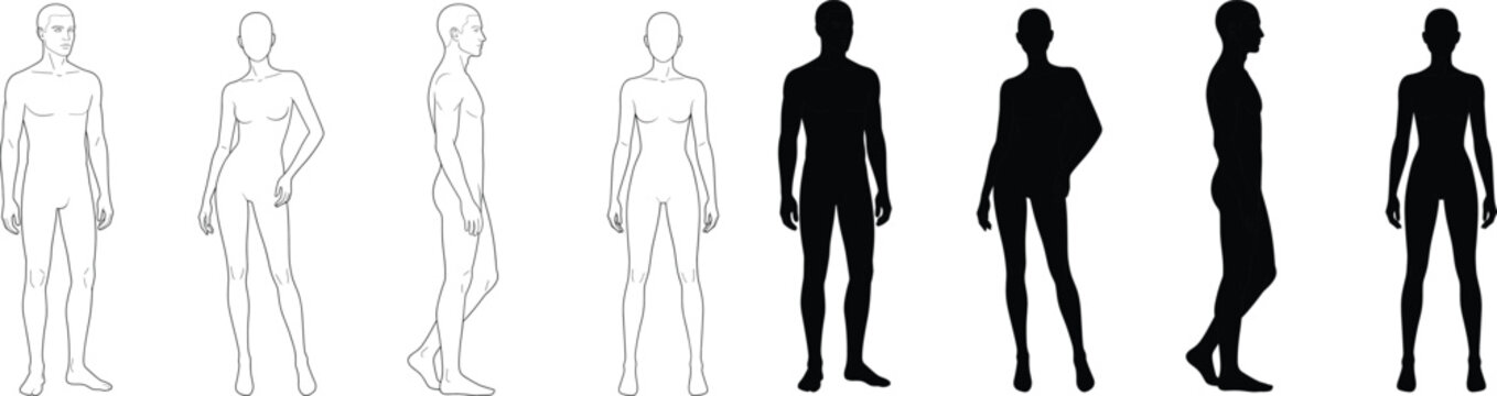 Human Body Pose Reference Templates with Male Female Outline and Silhouette Vector Set