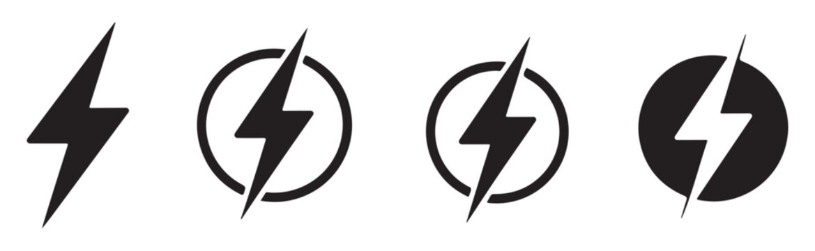 Lightning bolt collection of vector icons for power energy and electrical charge symbol on backdrop.