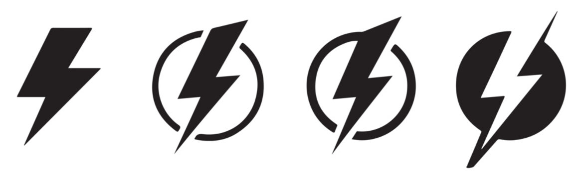 Thunderbolt graphic icon set for electric energy and weather storm flash symbols isolated on background.