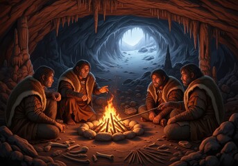 Fototapeta premium Ancient ancestors wearing animal pelts huddle near a blazing campfire within a deep limestone cavern to escape the harsh primeval cold, shadows, warmth, night