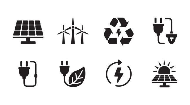 Renewable energy icons set with solar panel wind turbine and recycling symbol for green ecology themes.