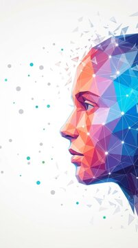 A colorful polygonal illustration of a human face with a geometric and abstract design. Bright and modern.