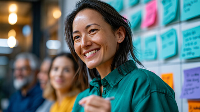 Diversity program manager facilitates a workshop where employees from multiple departments write responses on individual index cards that they then post to a large shared wall display, warm room lig