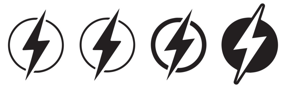 Set of four lightning bolt icons inside circular frames for electrical energy concepts and branding.