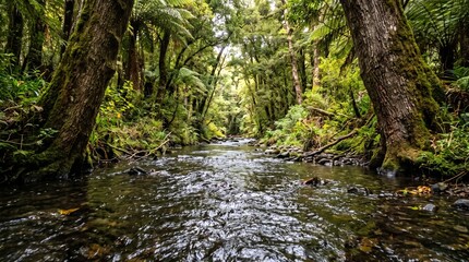 Fototapeta premium A serene river flows gently through a dense tropical forest landscape with trees.