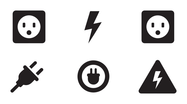 Selected collection of electrical icons including power outlets lightning and plugs for web design.
