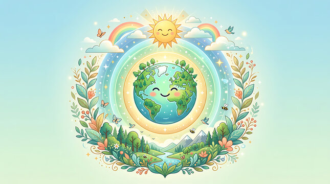 Happy Smiling Earth Day Illustration with Nature and Sun