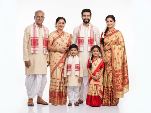 Happy Multigenerational Assamese Family Standing Together in Traditional Clothing on White Background
