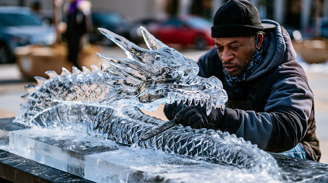 Ice sculptor working alone under harsh midday sun at outdoor plaza, detailed dragon tail emerging from block, precision chisel strokes, public art installation hospitality event culinary arts .ultra