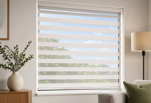 Window displays a white zebra roller blind partially open with outdoor view, placed in a neutral modern living room with vase and lamp. Clean composition with copy space for text.