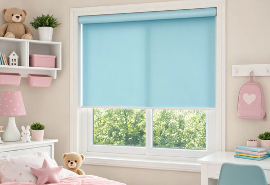 Child's bedroom featuring a blue roller blind, pink decor and stuffed toys with copy space for text. Soft pastel colors create a calm and cozy mood.