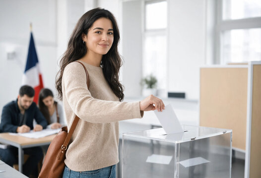 Woman casting a ballot at a polling station with a smile, representing civic participation and democracy. Background shows election workers and voting booth in a bright interior.